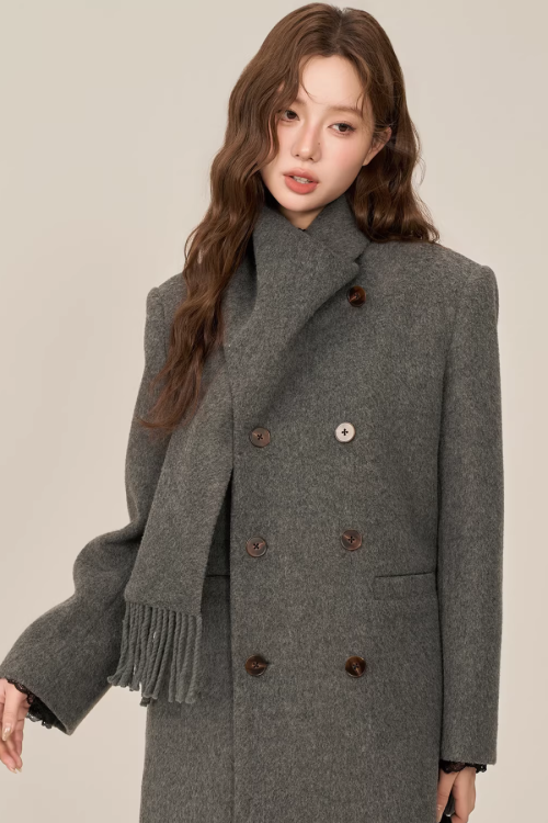 Scarf Collar Double Breasted Wool Coat