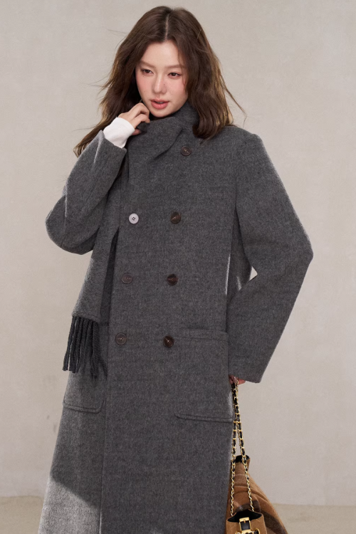 Scarf Collar Double Breasted Wool Coat
