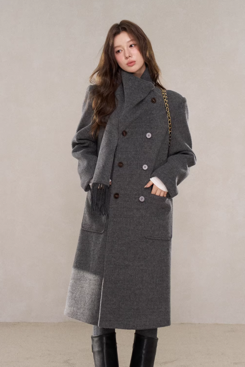 Scarf Collar Double Breasted Wool Coat
