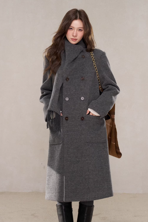 Scarf Collar Double Breasted Wool Coat