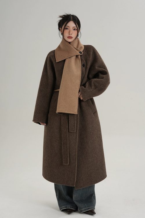 Scarf Design Long Wool Coat
