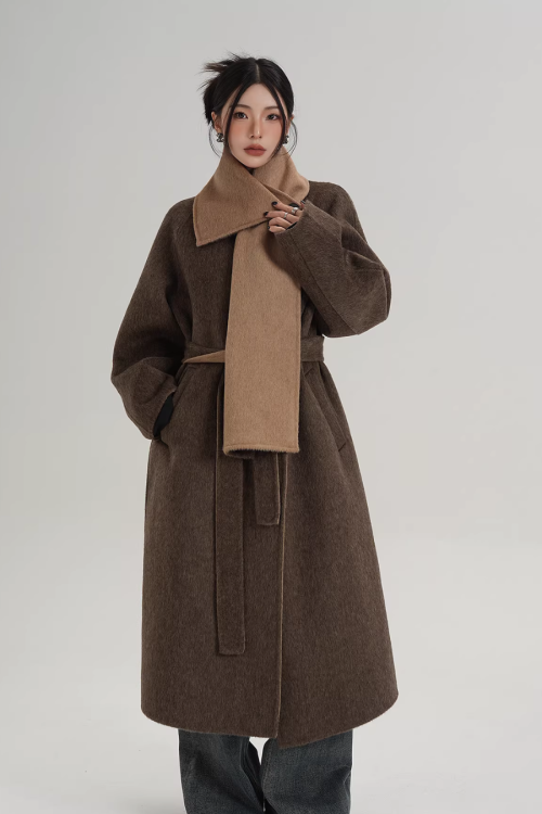 Scarf Design Long Wool Coat