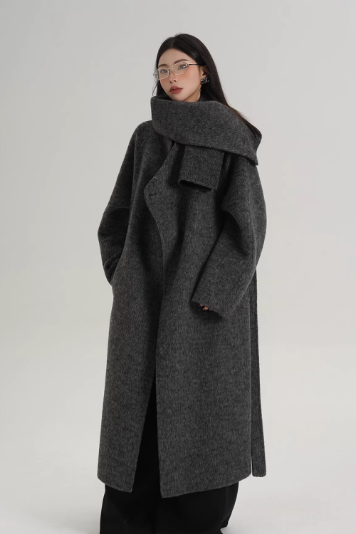 Scarf Design Long Wool Coat