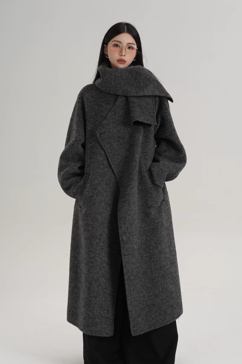 Scarf Design Long Wool Coat