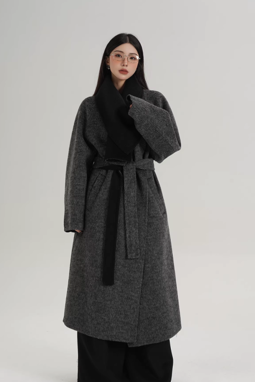 Scarf Design Long Wool Coat