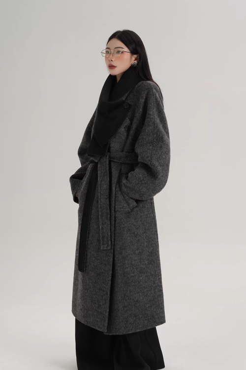 Scarf Design Long Wool Coat