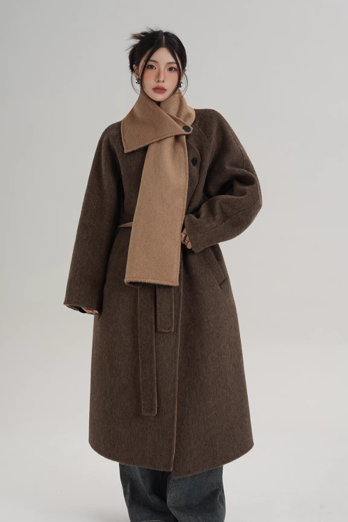 Scarf Design Long Wool Coat