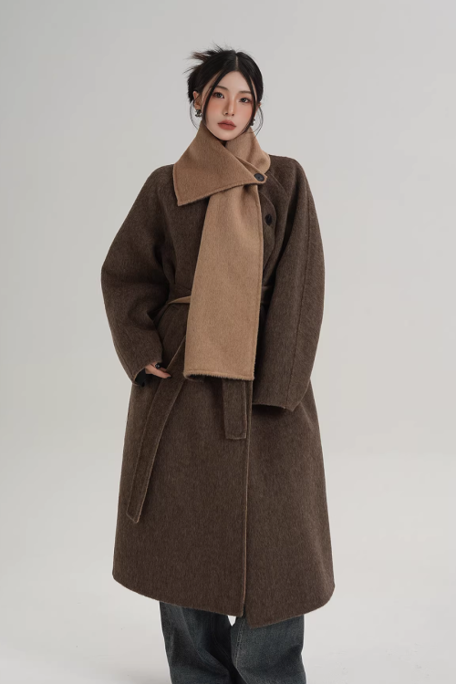 Scarf Design Long Wool Coat