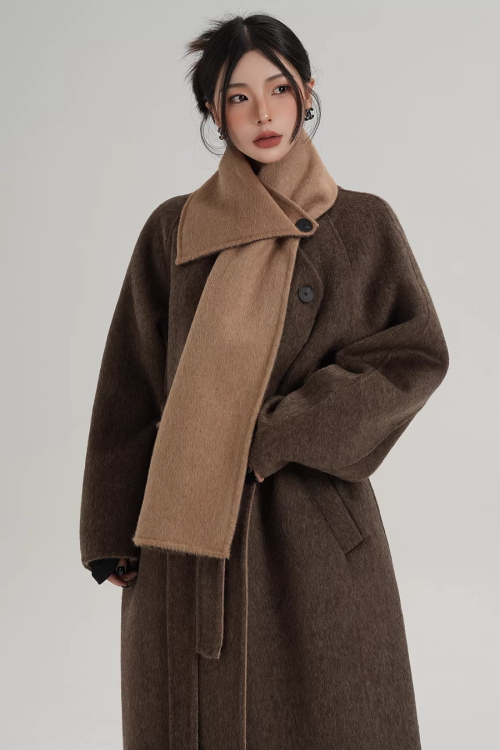 Scarf Design Long Wool Coat