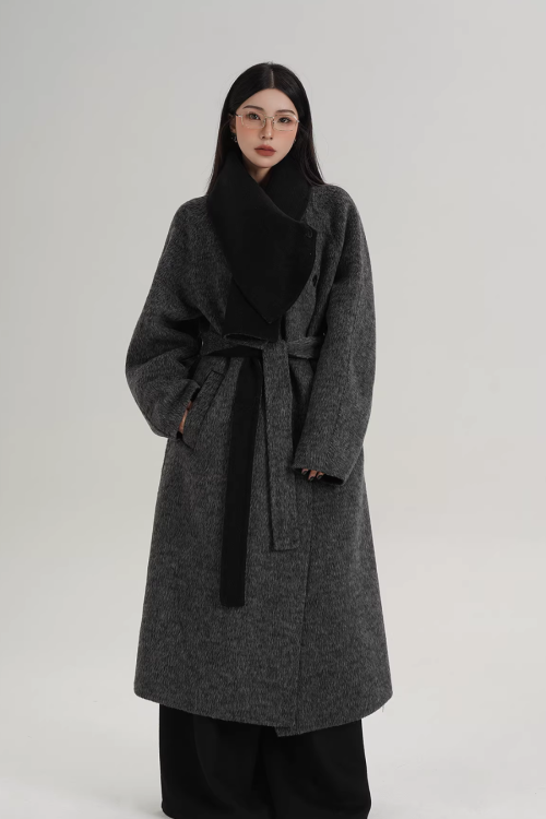 Scarf Design Long Wool Coat
