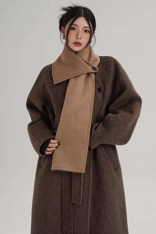 Scarf Design Long Wool Coat