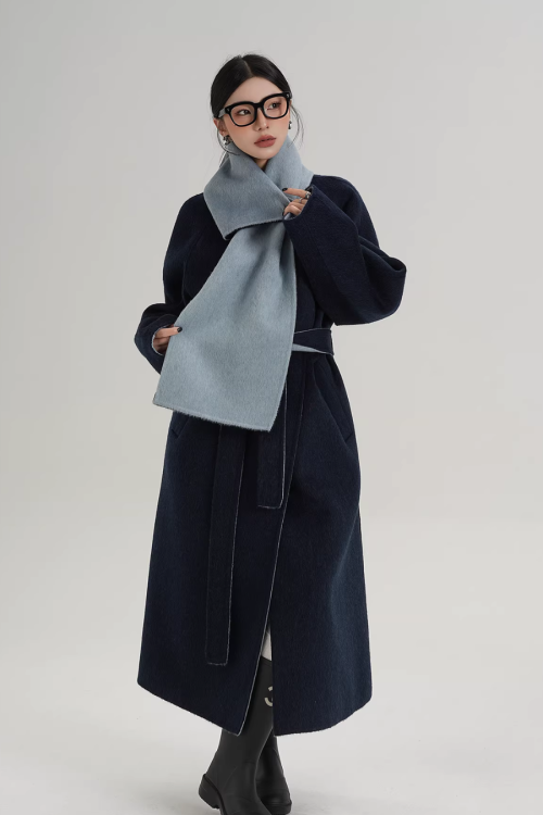 Scarf Design Long Wool Coat