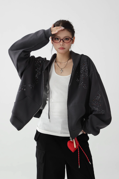 Sequin Embroidered Zip Hoodie