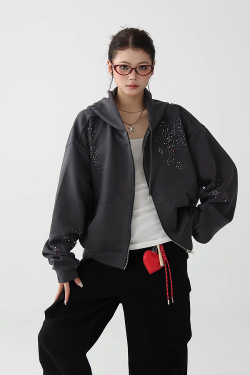 Sequin Embroidered Zip Hoodie