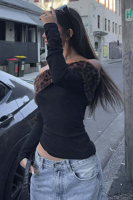 Sexy Asymmetric Fuzzy Off Shoulder Long Sleeve Tee Sexy Asymmetric Fuzzy Off Shoulder Long Sleeve Tee