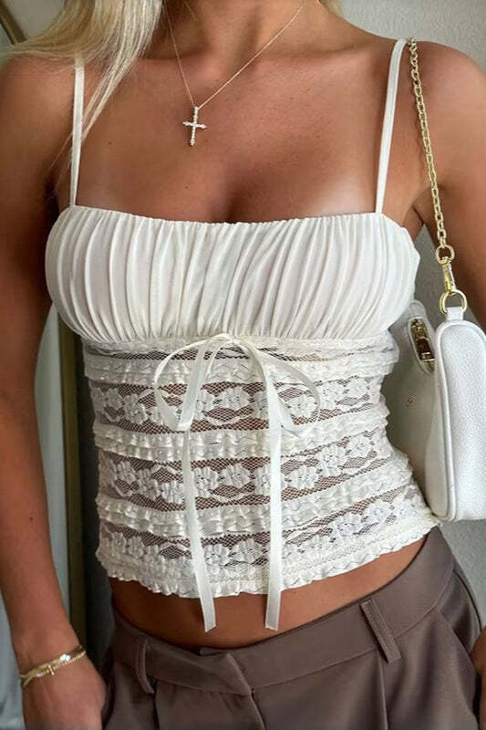 Sexy Bow Ruffle Lace Sheer Cami Top