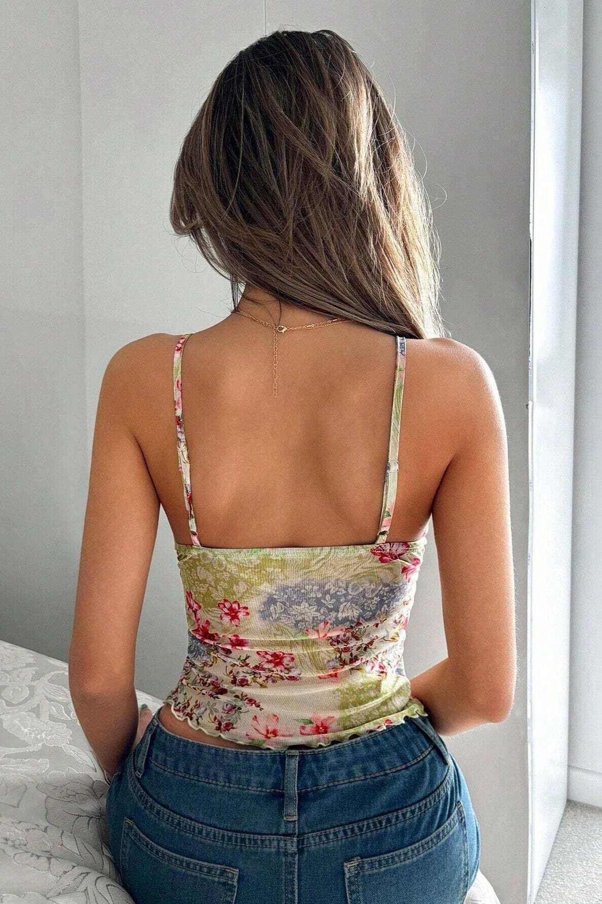 Sexy Floral Print Ruffle Slit Cami Top Sexy Floral Print Ruffle Slit Cami Top