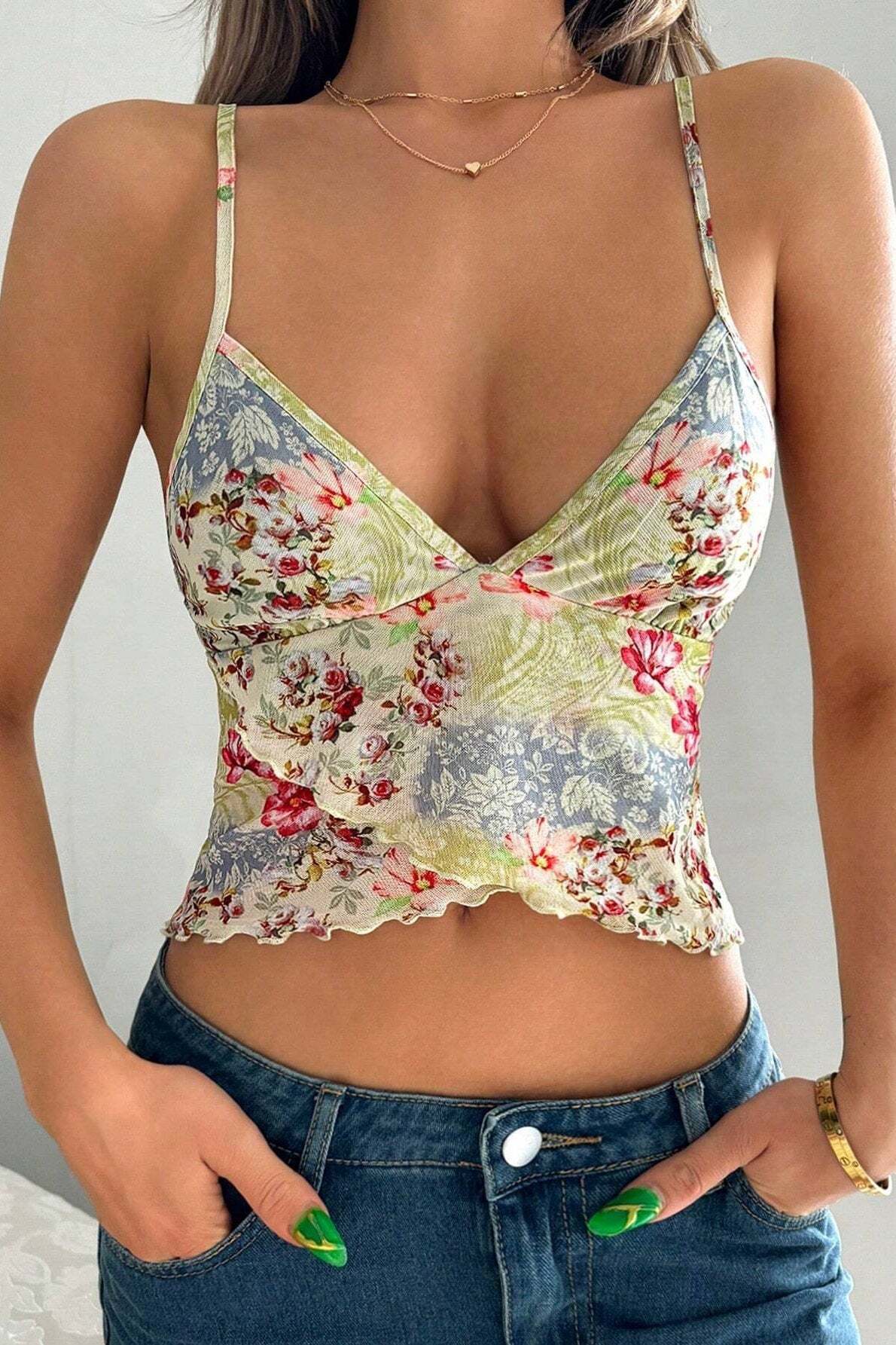 Sexy Floral Print Ruffle Slit Cami Top