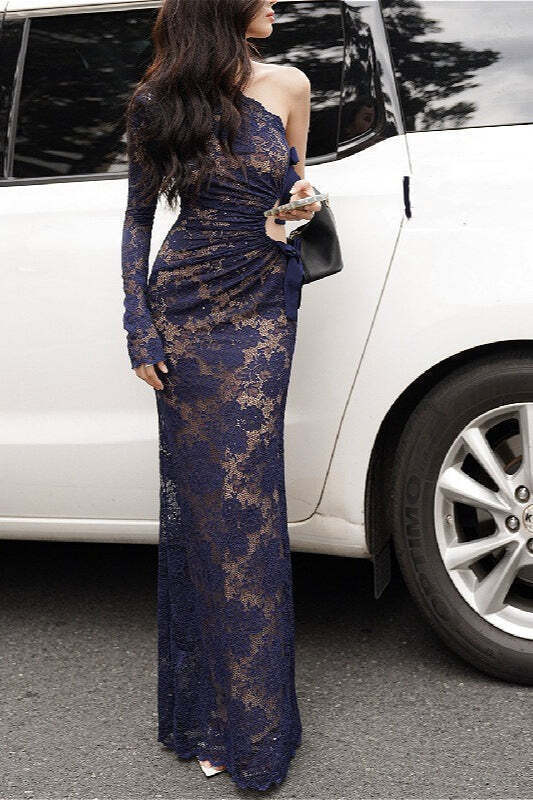 Sexy Lace One-Shoulder Bow Maxi Dress Sexy Lace One-Shoulder Bow Maxi Dress