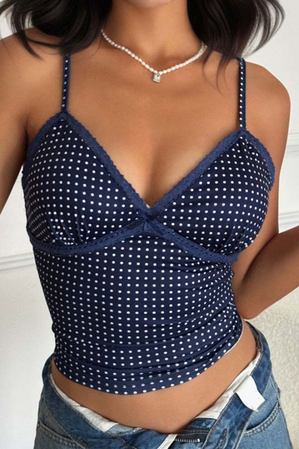 Sexy Polka Dot Color Block Lace Cami Top