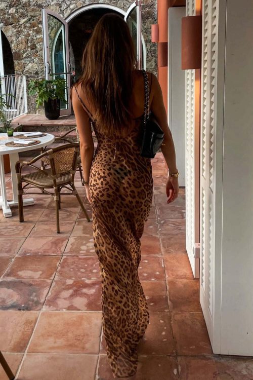 Sexy Sheer Cowl Neck Leopard Cami Maxi Dress
