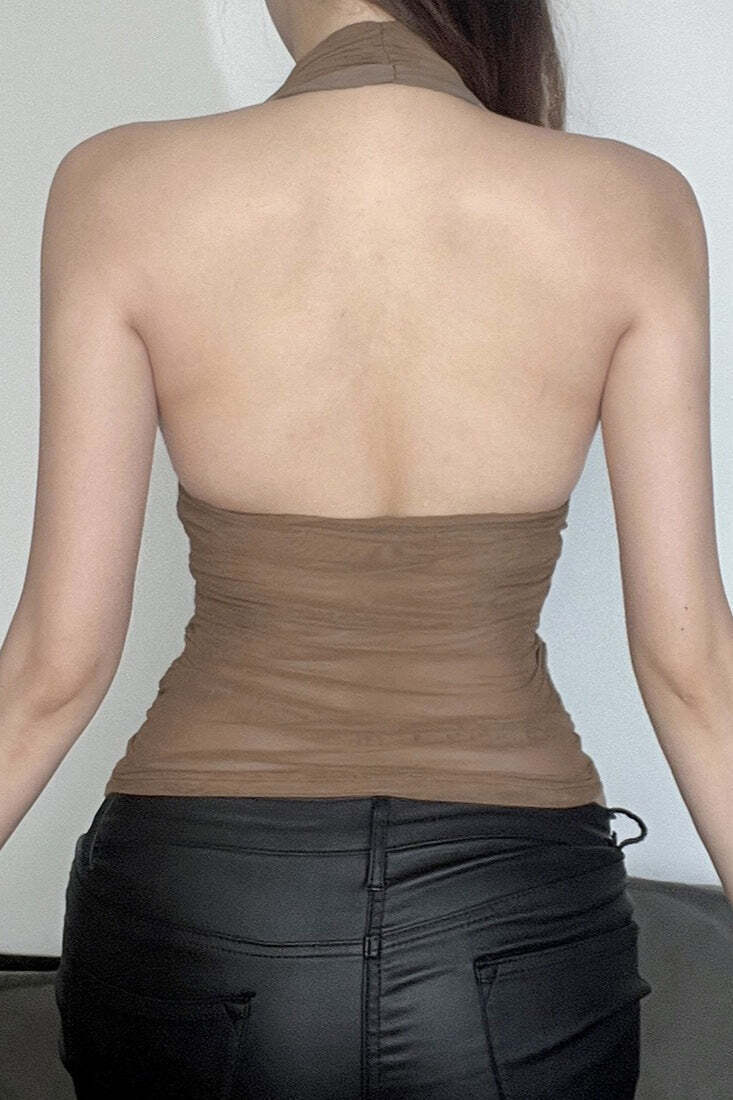 Sexy V Neck Halter Mesh Ruched Tank Top Sexy V Neck Halter Mesh Ruched Tank Top