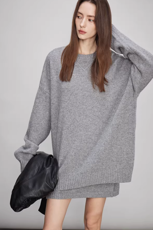 Sheep Wool Pullover Knit Top / Waist Short Skirt