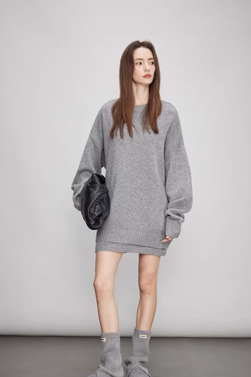 Sheep Wool Pullover Knit Top / Waist Short Skirt