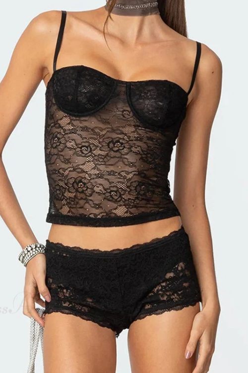 Sheer Lace Cupped Corset Hook Eye Back Crop Top See-Through Shorts Two Pieces Set