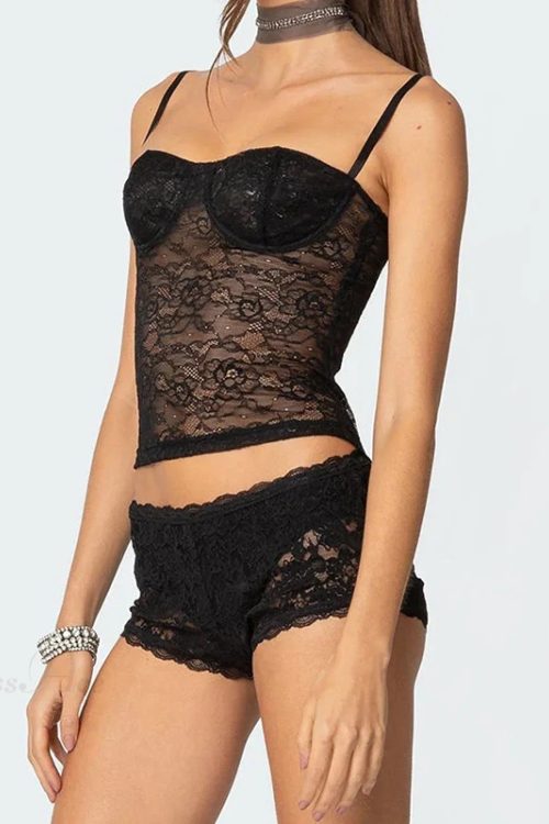 Sheer Lace Cupped Corset Hook Eye Back Crop Top See-Through Shorts Two Pieces Set