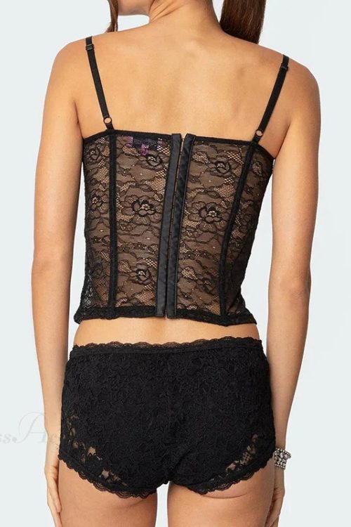 Sheer Lace Cupped Corset Hook Eye Back Crop Top See-Through Shorts Two Pieces Set