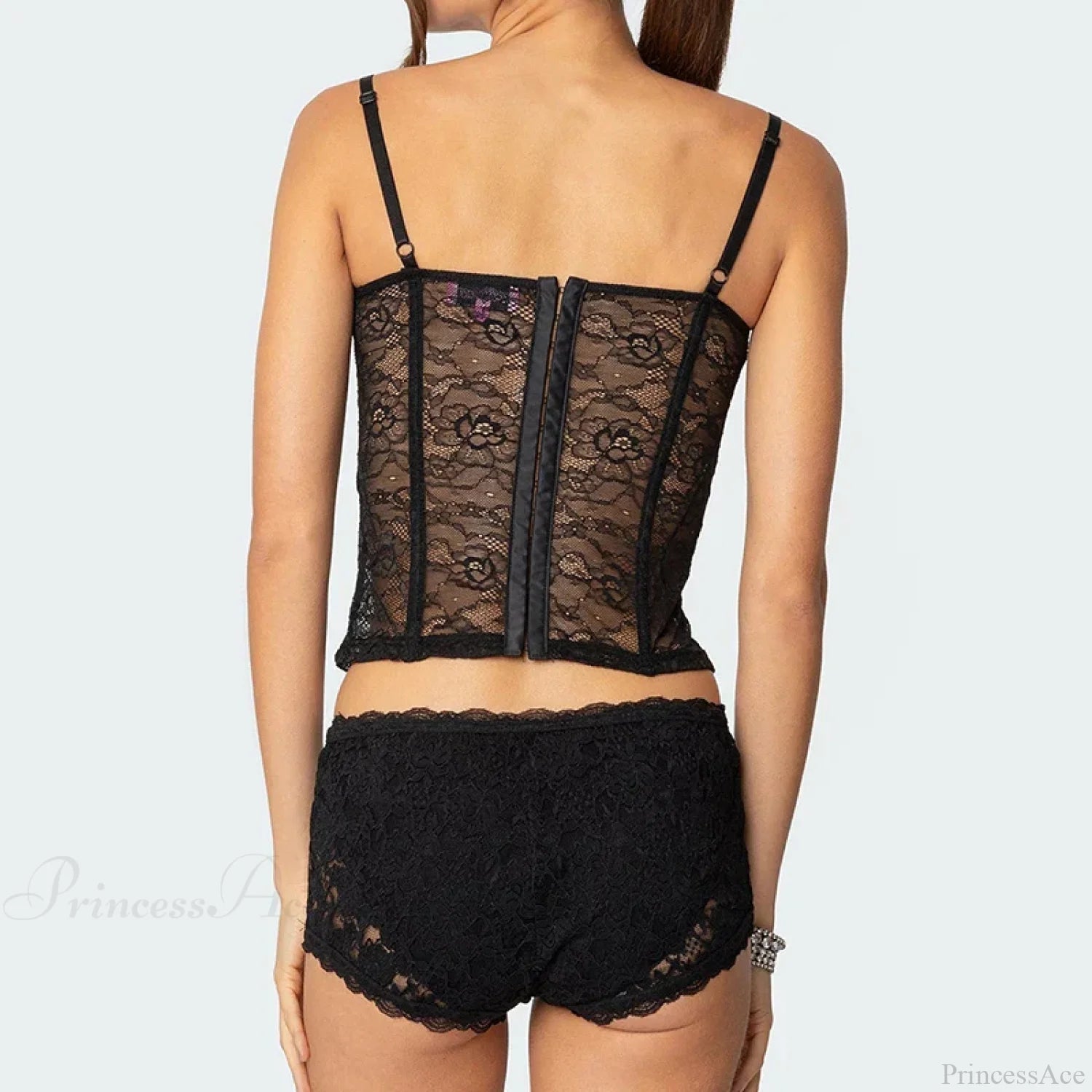 Sheer Lace Cupped Corset Hook Eye Back Crop Top See-Through Shorts Two Pieces Set Sheer Lace Cupped Corset Hook Eye Back Crop Top See-Through Shorts Two Pieces Set