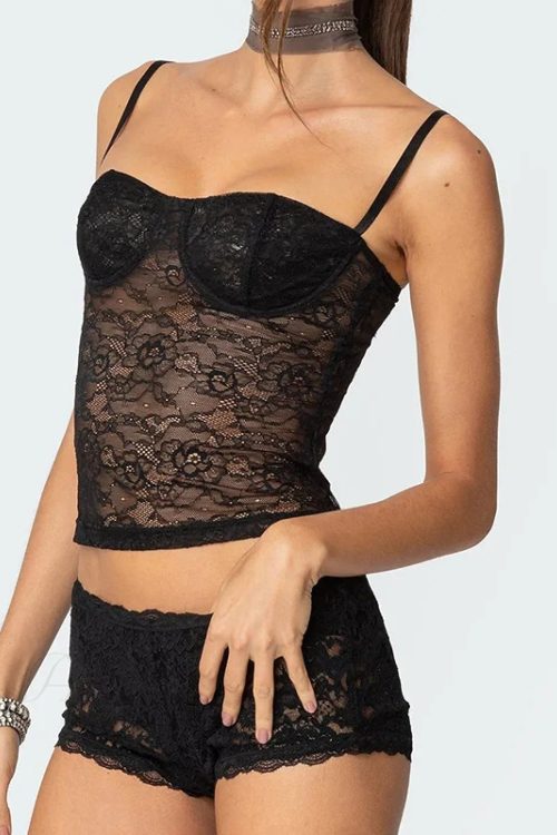 Sheer Lace Cupped Corset Hook Eye Back Crop Top See-Through Shorts Two Pieces Set