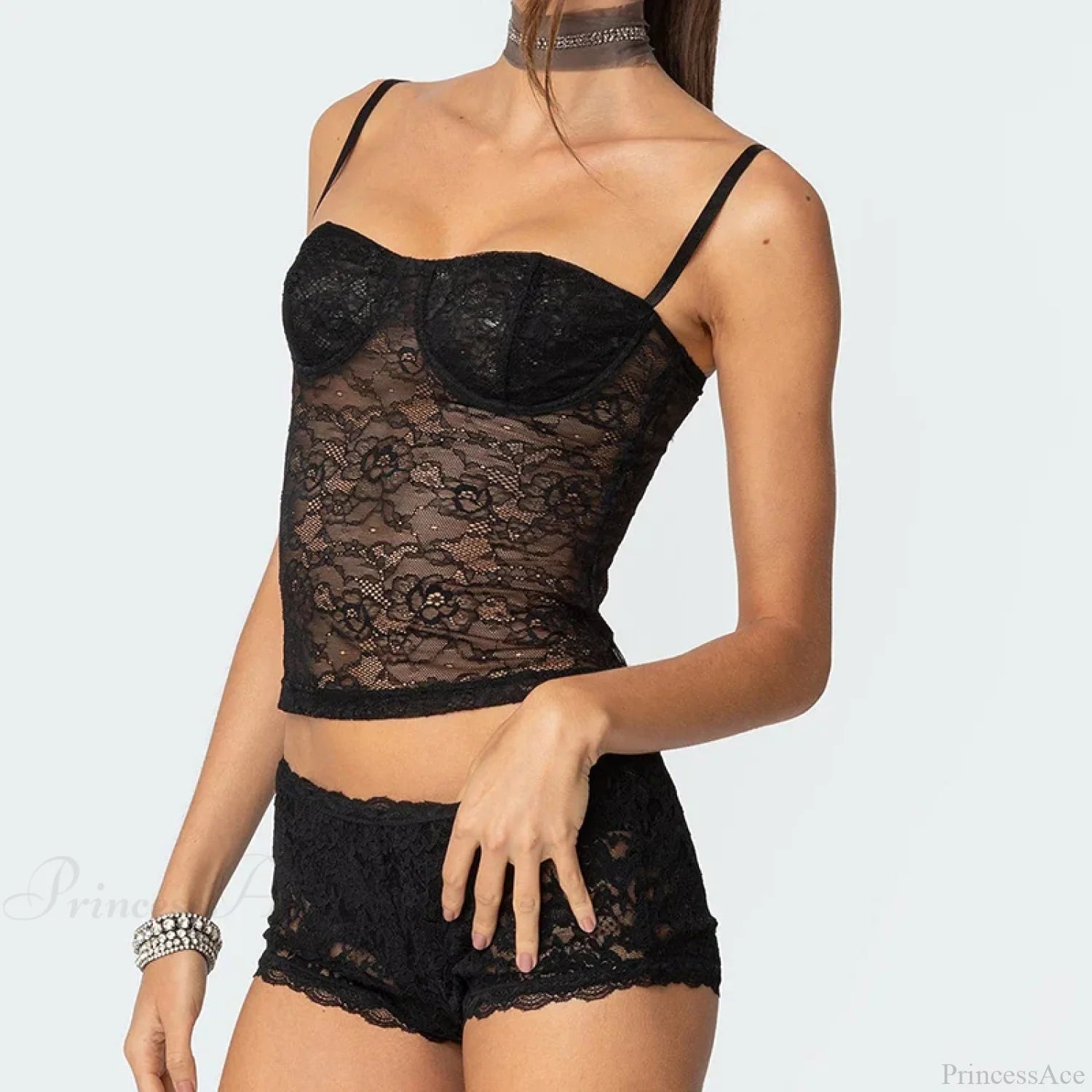 Sheer Lace Cupped Corset Hook Eye Back Crop Top See-Through Shorts Two Pieces Set Sheer Lace Cupped Corset Hook Eye Back Crop Top See-Through Shorts Two Pieces Set