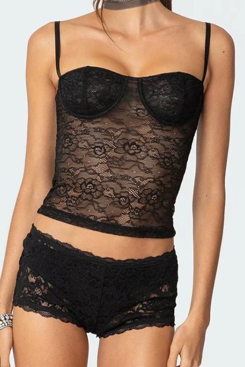 Sheer Lace Cupped Corset Hook Eye Back Crop Top See-Through Shorts Two Pieces Set