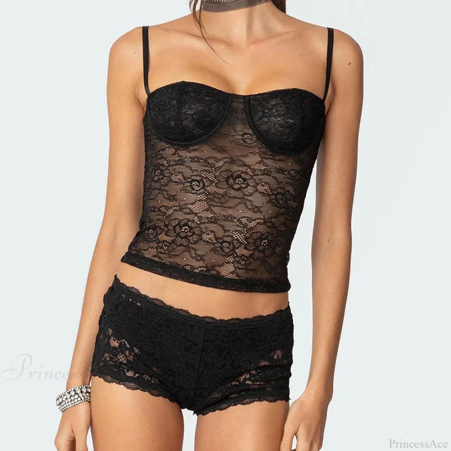 Sheer Lace Cupped Corset Hook Eye Back Crop Top See-Through Shorts Two Pieces Set Sheer Lace Cupped Corset Hook Eye Back Crop Top See-Through Shorts Two Pieces Set