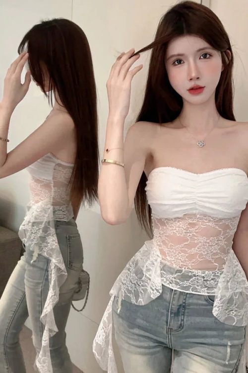 Sheer Lace Drape Bandeau Top