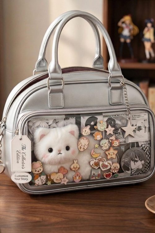 Silver Convertible Ita Bag with Clear Window for Photocards and Pins