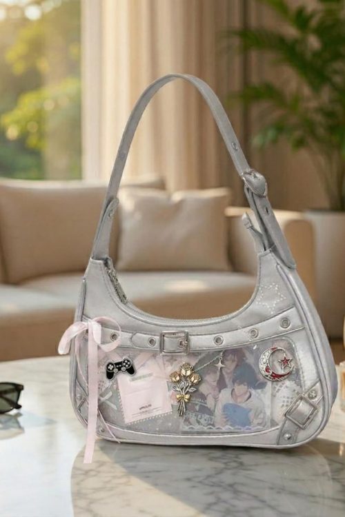 Silver Convertible Ita Bag with Clear Window for Photocards and Pins