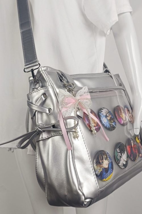 Silver Ita Crossbody Bag with Clear Window and Included Insert for Pin Display