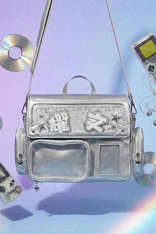 Silver Kawaii Convertible Ita Bag with Clear Window for Pin Display