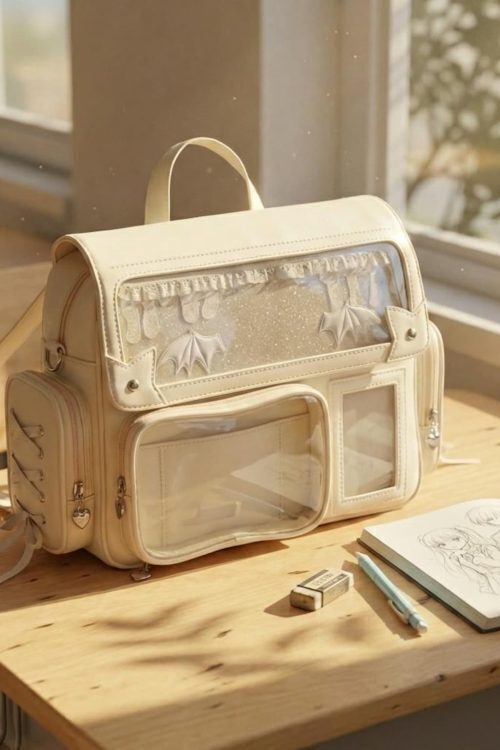 Silver Kawaii Convertible Ita Bag with Clear Window for Pin Display
