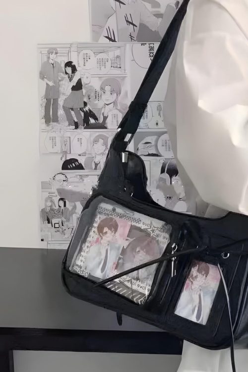 Silver Kawaii Ita Shoulder Bag with Clear Window for Plushies and Pins