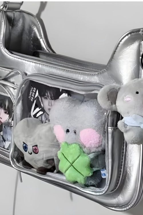 Silver Kawaii Ita Shoulder Bag with Clear Window for Plushies and Pins