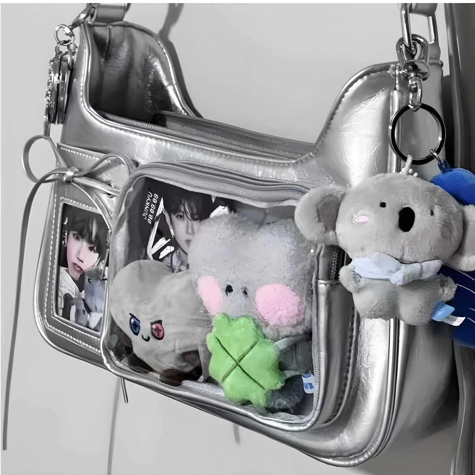 Silver Kawaii Ita Shoulder Bag with Clear Window for Plushies and Pins Silver Kawaii Ita Shoulder Bag with Clear Window for Plushies and Pins