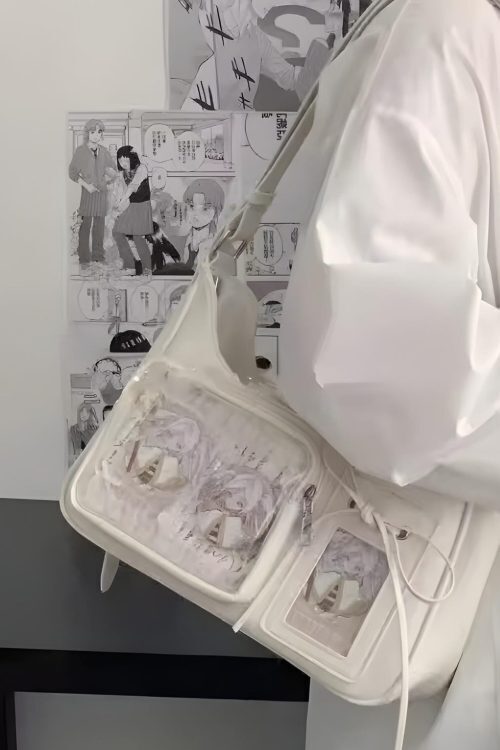 Silver Kawaii Ita Shoulder Bag with Clear Window for Plushies and Pins