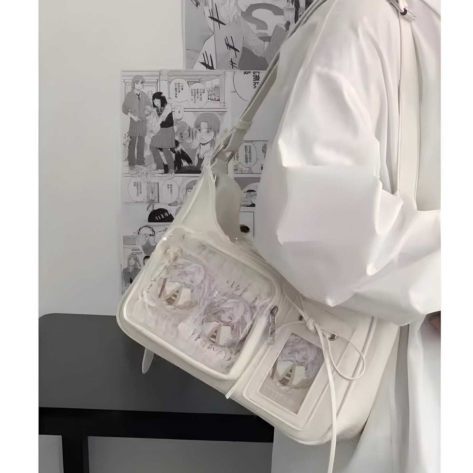 Silver Kawaii Ita Shoulder Bag with Clear Window for Plushies and Pins Silver Kawaii Ita Shoulder Bag with Clear Window for Plushies and Pins