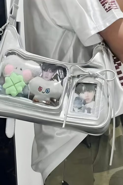 Silver Kawaii Ita Shoulder Bag with Clear Window for Plushies and Pins