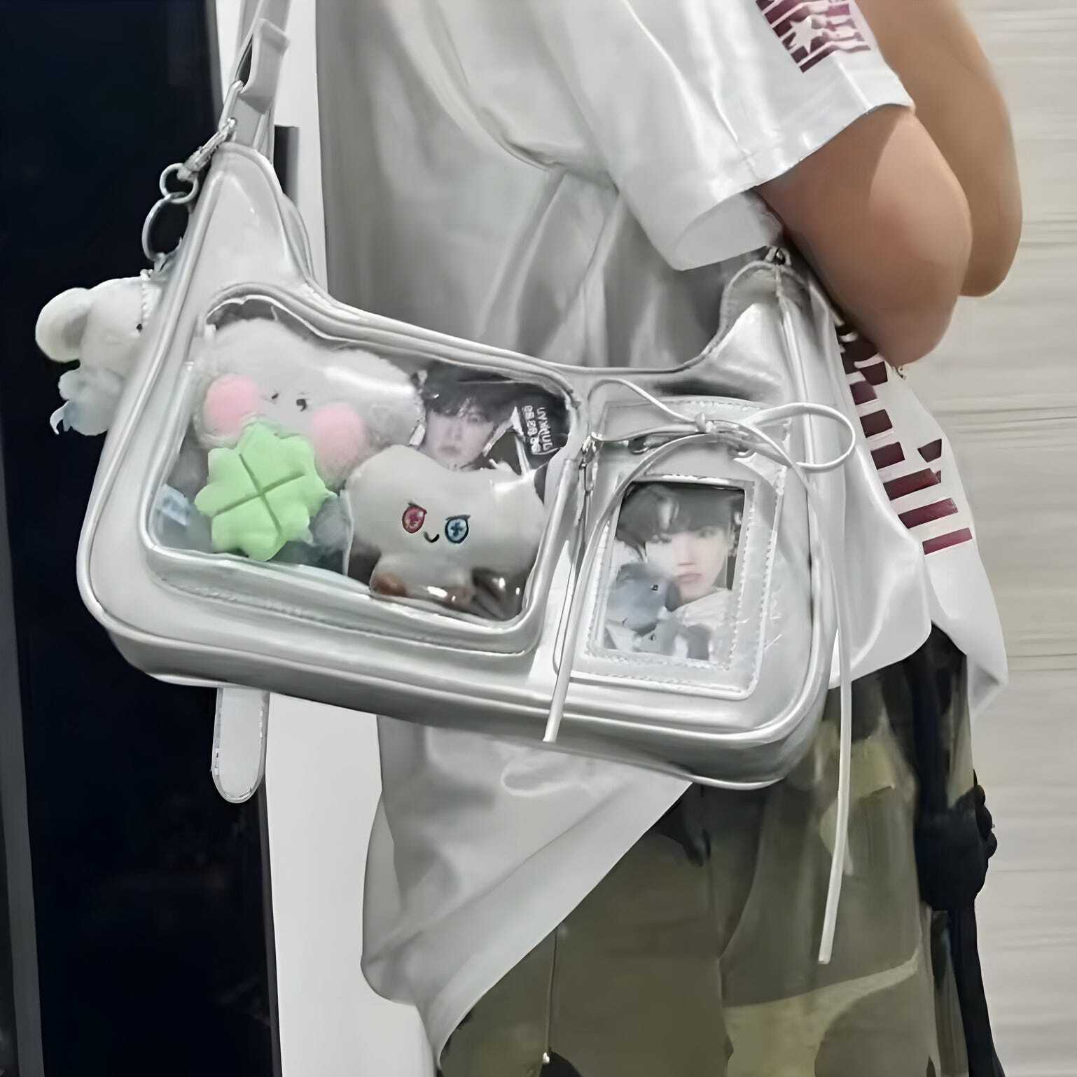 Silver Kawaii Ita Shoulder Bag with Clear Window for Plushies and Pins Silver Kawaii Ita Shoulder Bag with Clear Window for Plushies and Pins