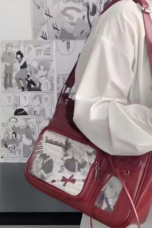 Silver Kawaii Ita Shoulder Bag with Clear Window for Plushies and Pins